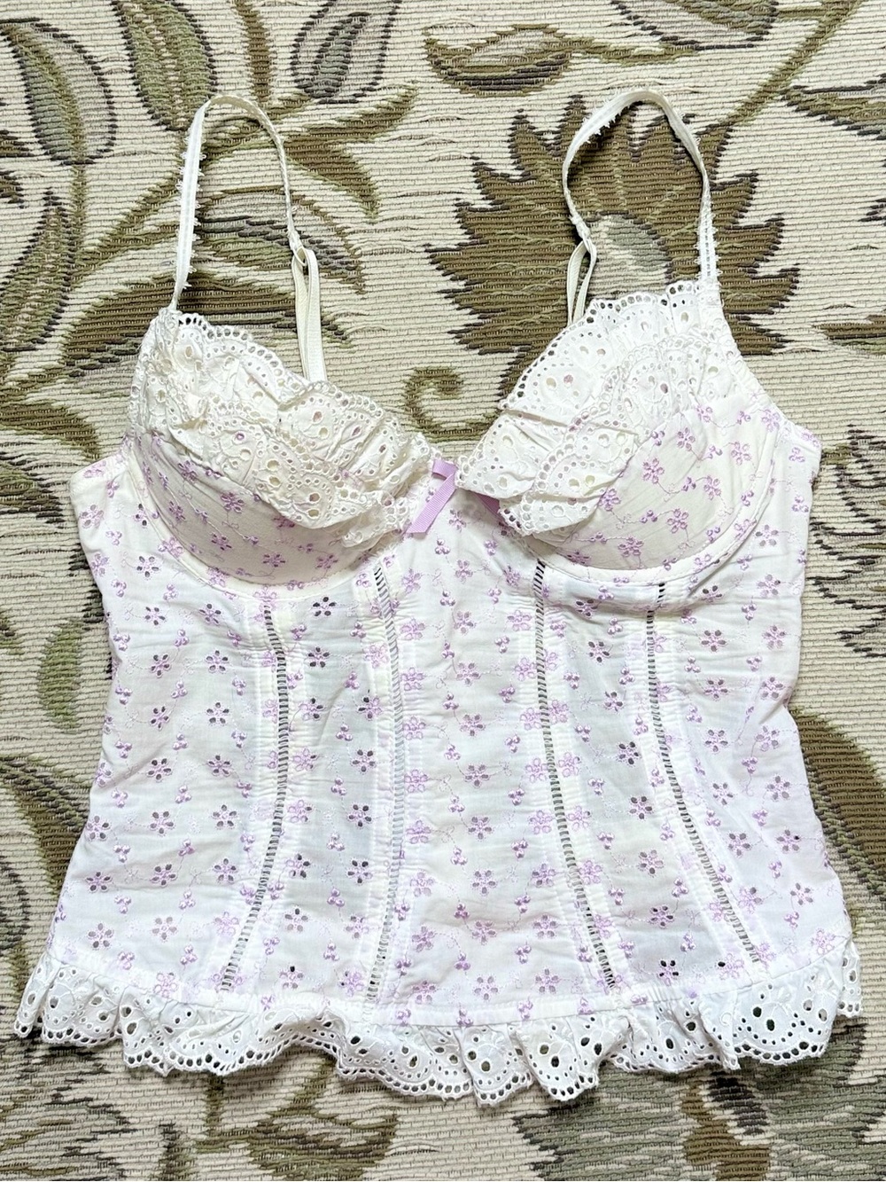 Delicates Cottagecore Corset Bustier Bra Eyelet Lace Ruffles Bow 36B - Picture 2 of 5